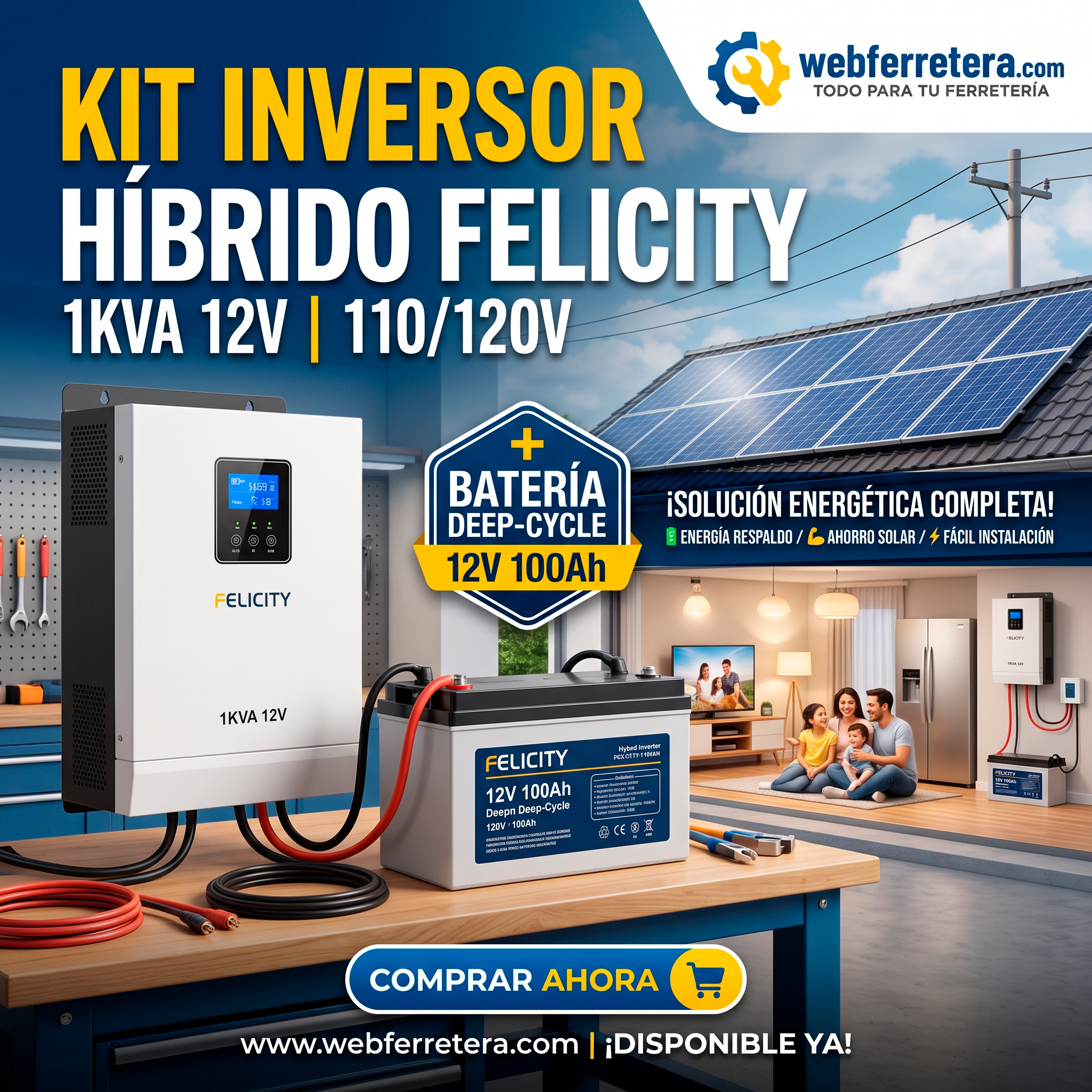 KIT INVERSOR HÍBRIDO FELICITY 1KVA 12V 110/120V + BATERÍA 12V 100Ah