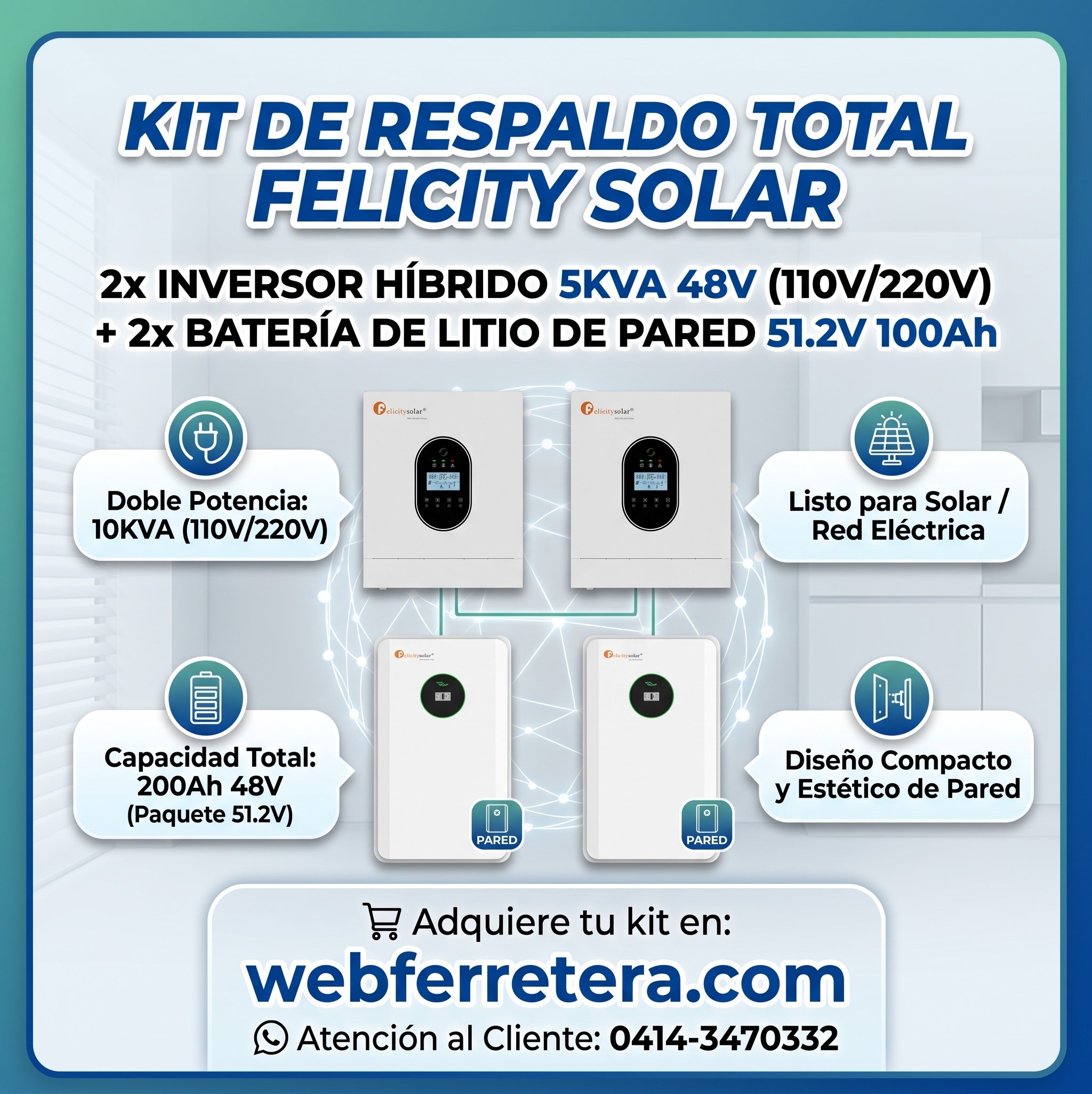 KIT INVERSOR HÍBRIDO FELICITY 5KVA*2und 48V 110/220V + BATERÍA 51.2V 100Ah*2und