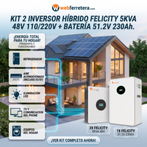 KIT INVERSOR HÍBRIDO FELICITY 5KVA*2und 48V 110/220V + BATERÍA 51.2V 230Ah