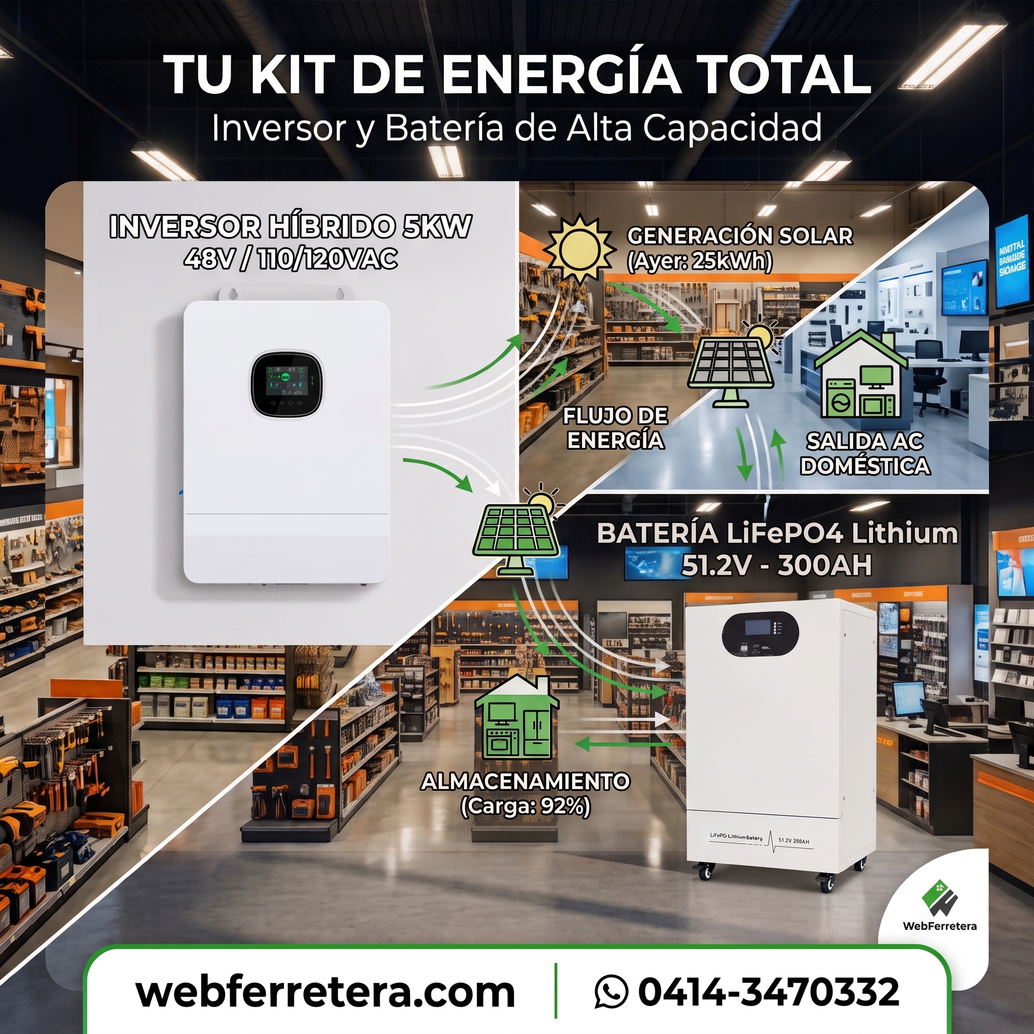 KIT INVERSOR HÍBRIDO 5KW 48V 110/120V + BATERÍA 51.2V 300Ah