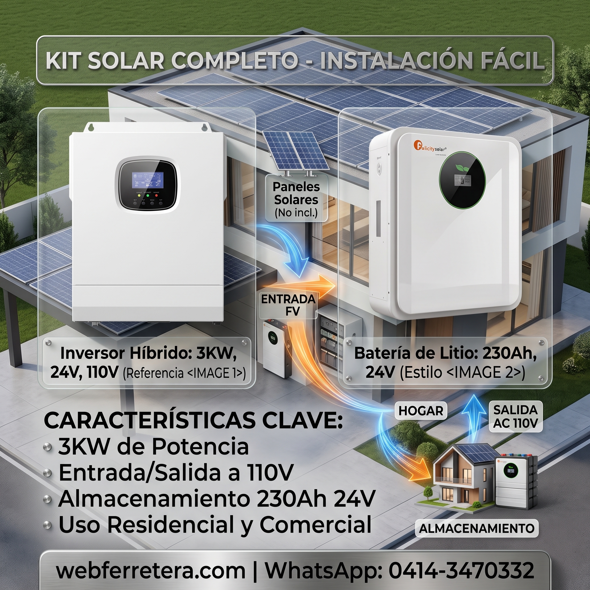 KIT INVERSOR HÍBRIDO 3KW 24V 110/120V + BATERÍA 24V 230Ah