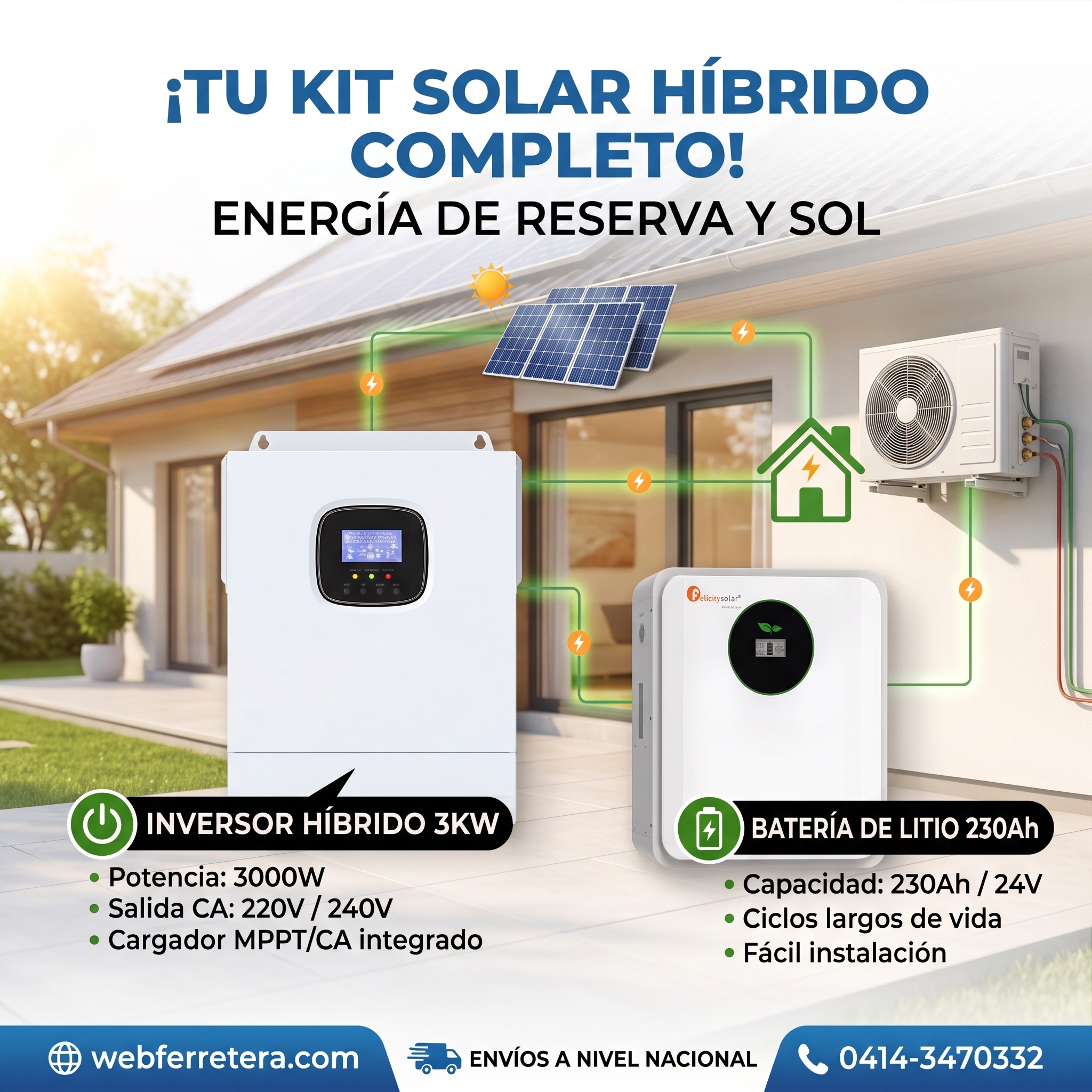 KIT INVERSOR HÍBRIDO 3KW 24V 220V + BATERÍA 24V 230Ah