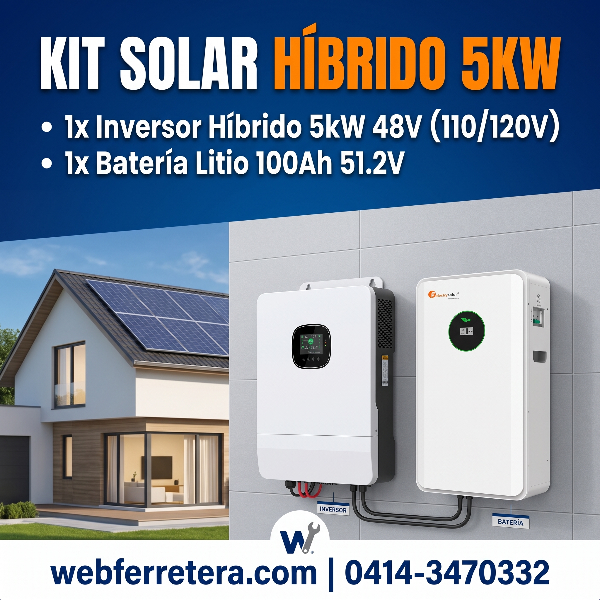 KIT INVERSOR HÍBRIDO 5KW 48V 110/120V + BATERÍA 51.2V 100Ah